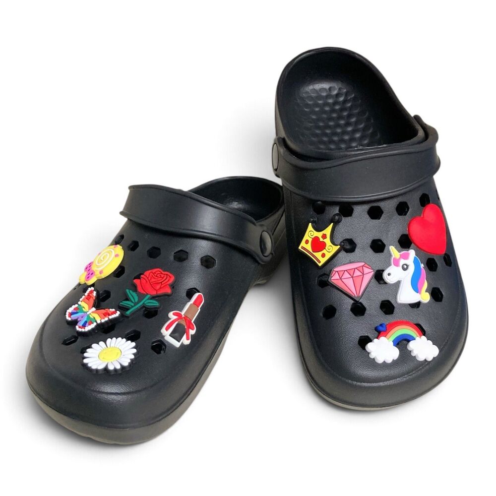 NWOT Black Clogs Cute Charms Women's Size 5/6 Youth Girls' Size 3.5/4.5